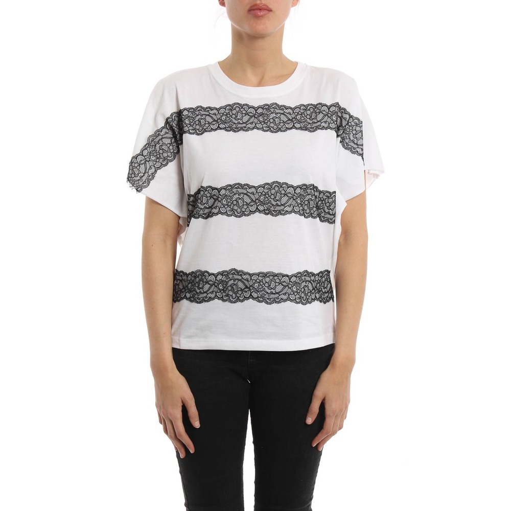 RED Valentino White‎ Cotton Lace Stripe Boxy T-Shirt Dolman Sleeve Crew Neck